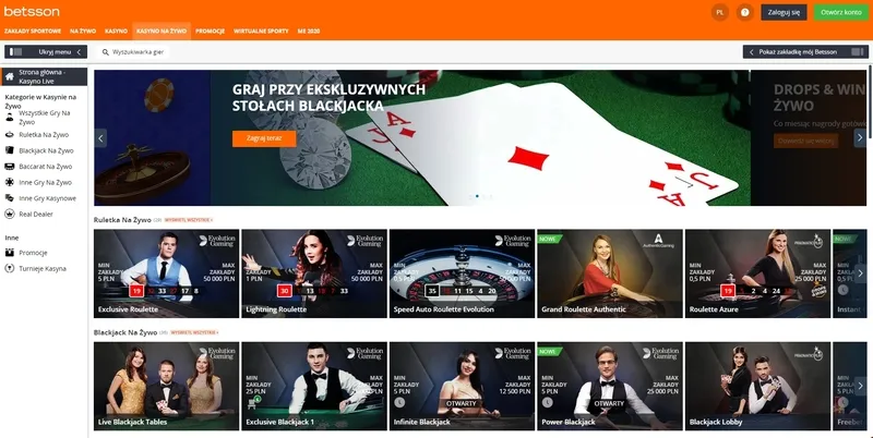 Gry z krupierem na żywo poker, ruletka, blackjack w kasynie Betsson