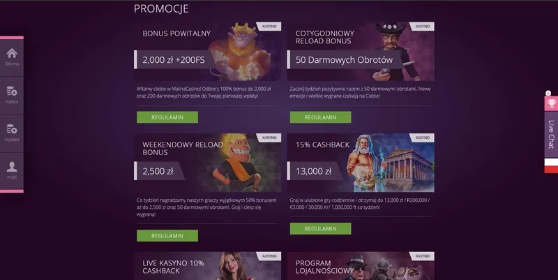 Wszystkie bonusy i promocje Malina Casino