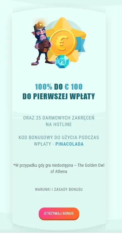 100% Bonus od pierwszej + 25 spinów wpłaty w Kasynie Spinia