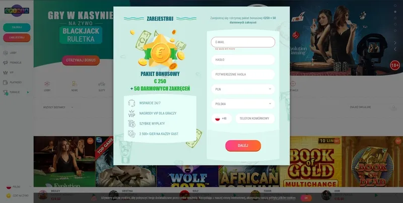 Strona rejestracji w Kasynie Spinia