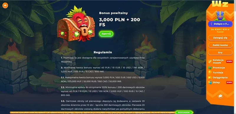 100% Bonus od pierwszej wpłaty + 200 spinów w Kasynie Wazamba