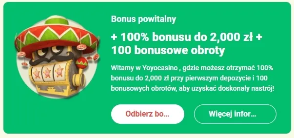 100% Bonus od pierwszej wpłaty + 100 spinów w Kasynie YoYo