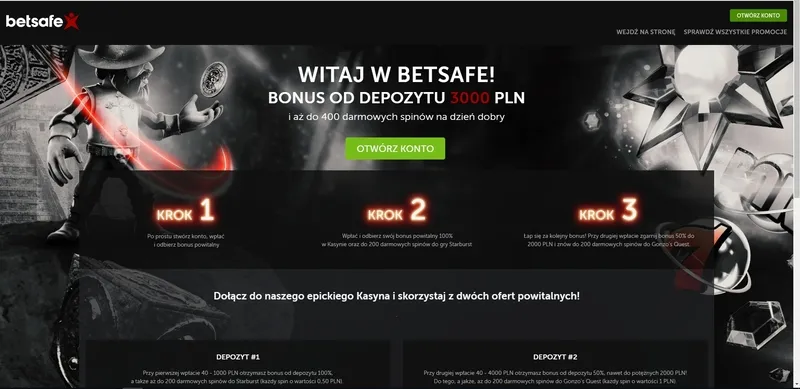 100% bonus od pierwszego depozytu + 200 spinów kasyno BetSafe