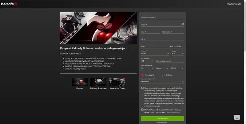 Strona rejestracyjna kasyna BetSafe