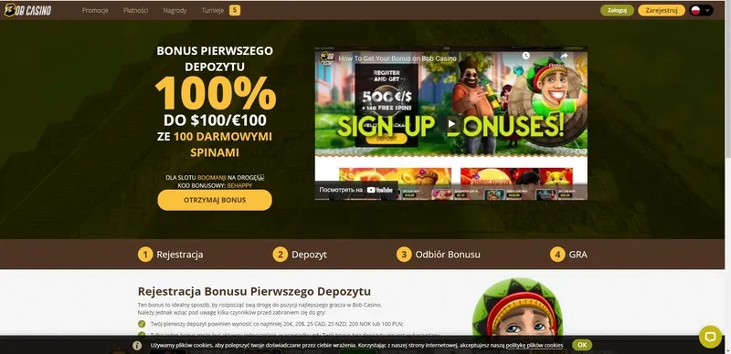 100% Bonus od pierwszej wpłaty + 100 darmowych spinów w Kasynie Bob