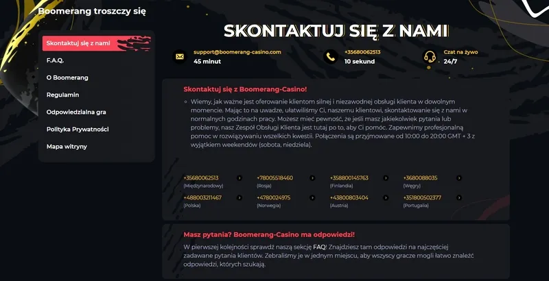 Skontaktuj się z obsługą kasyna Boomerang