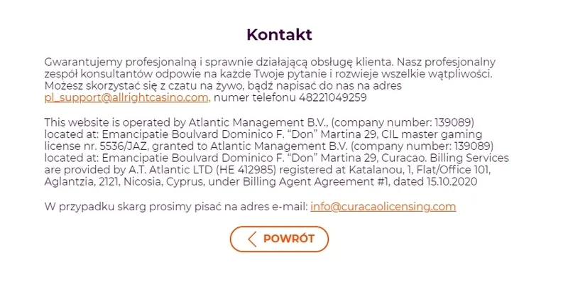 Skontaktuj się z AllRight Casino