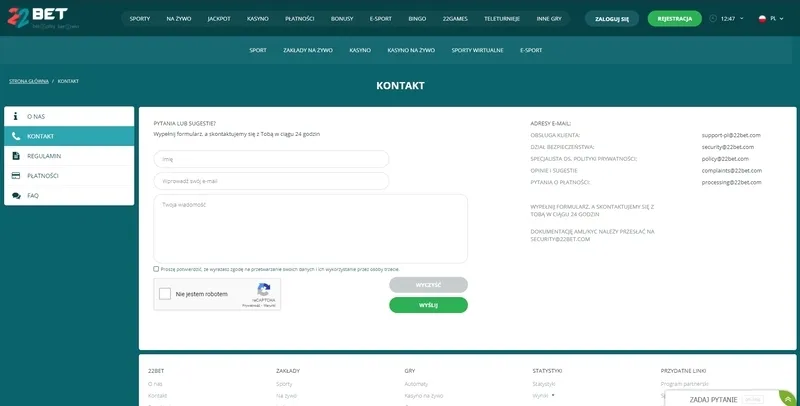 Kontakt i obsługa klienta w 22Bet Casino